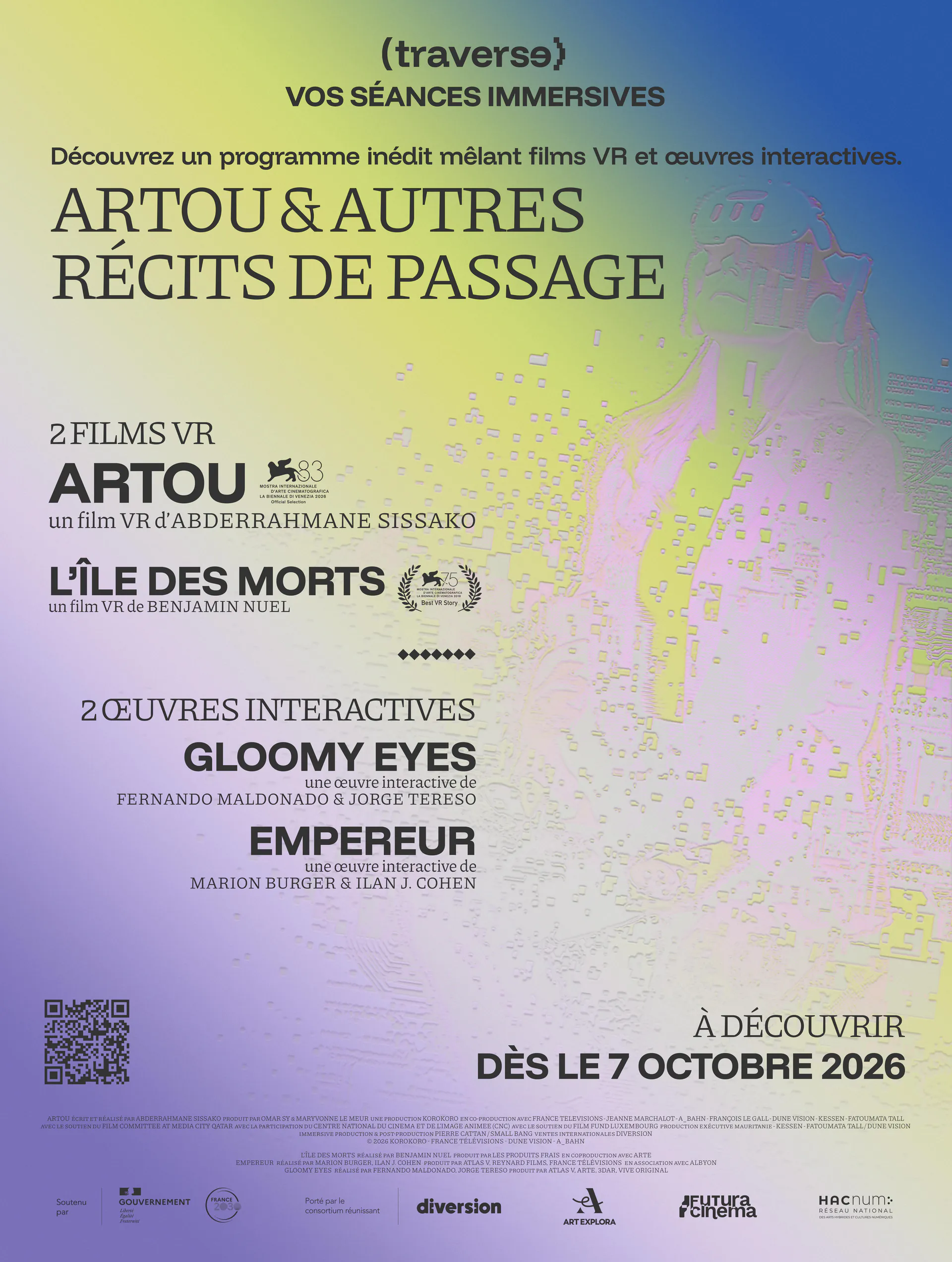 Affiche du programme Artou et autres récits de passage : deux films VR, Artou et L'Île des morts, et deux œuvres interactives, Gloomy Eyes et Empereur, à découvrir dès le 7 octobre 2026